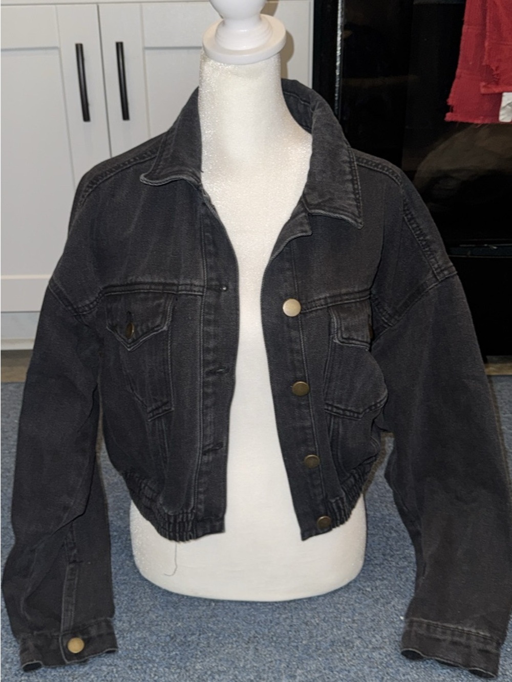 Active USA Cropped Black Denim Jacket with Button Front